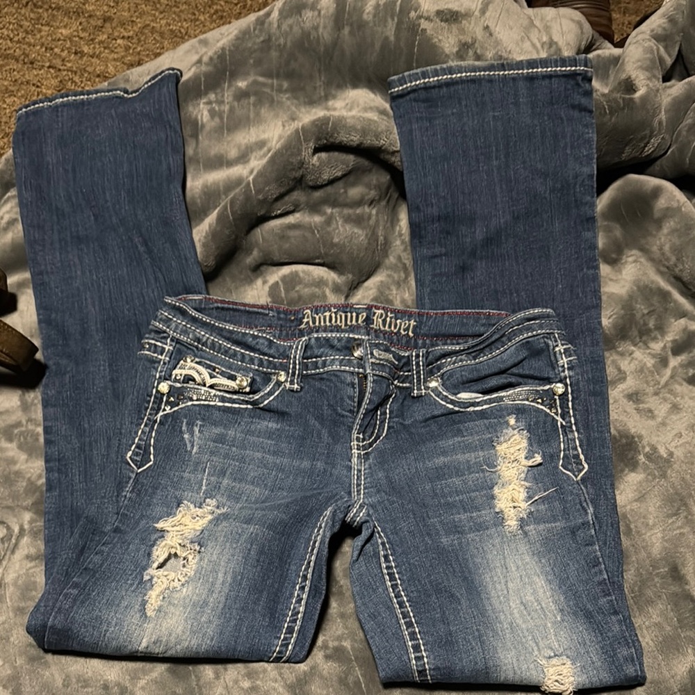 Antique Rivet Blue Boot Cut Jeans Distressed Style